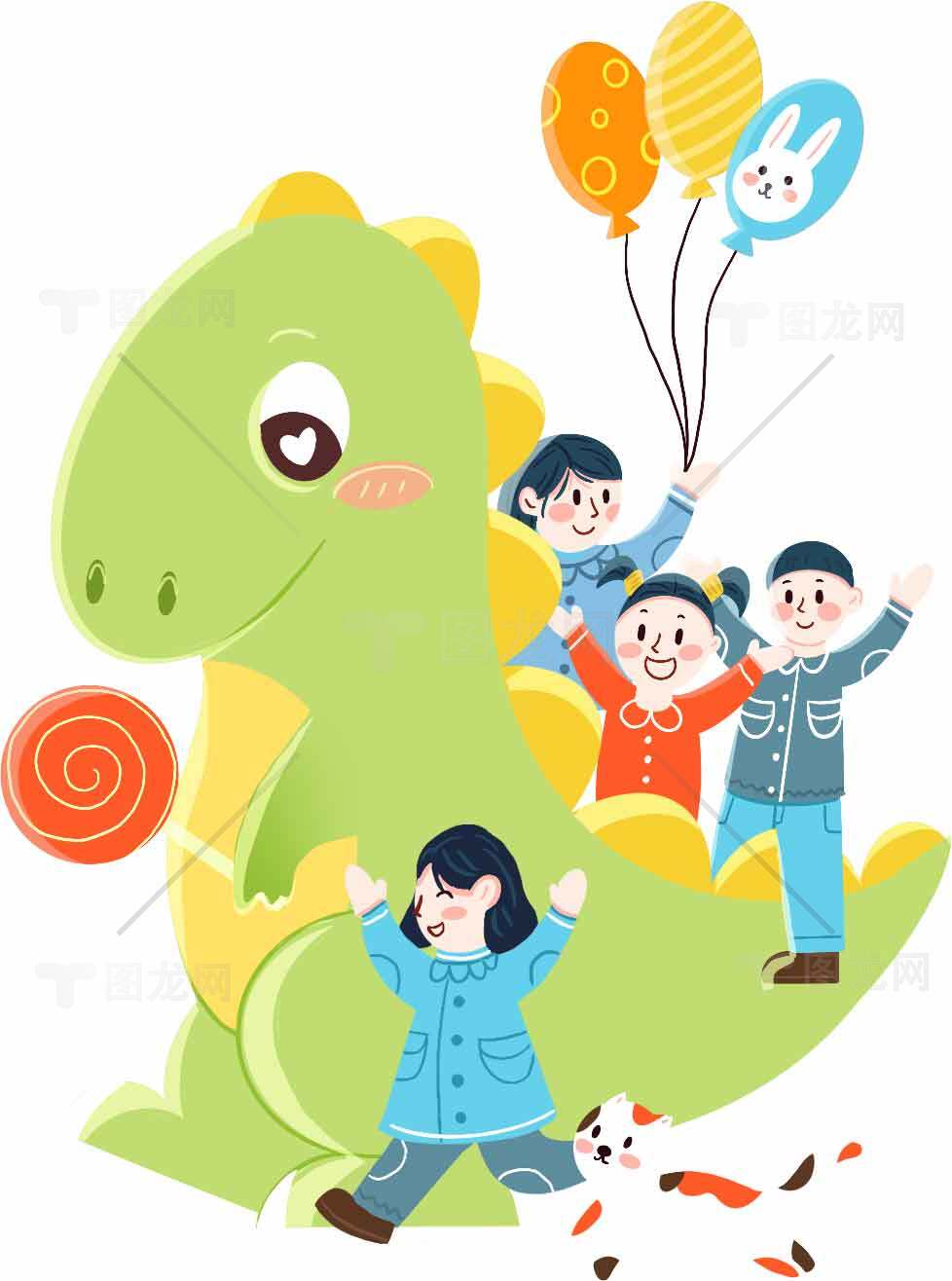 儿童与恐龙卡通插画素材